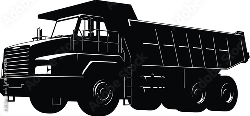a stark black and white silhouette depicts a large dump truck showcasing its robust frame and industrial design features prominently