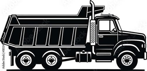 A detailed black and white illustration depicts a heavy duty dump truck showcasing its robust design and practical functionality for construction