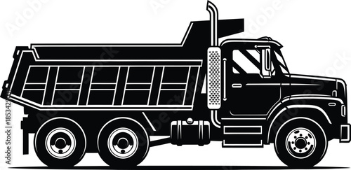 a detailed black and white illustration depicts a heavy duty dump truck shown in profile highlighting its large size and industrial design