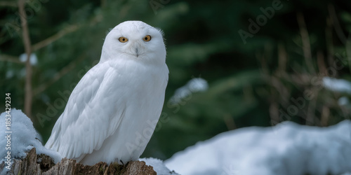 Wallpaper Mural Snowy white owl wildlife animal bird prey log perched forest nature wild sitting watching alert eye head beak feather branch wood natural light outdoors winter snow habitat portrait animal Torontodigital.ca