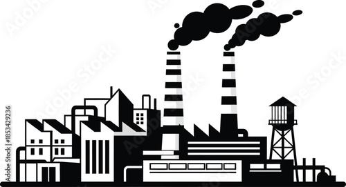 a stark black and white illustration depicts an industrial complex with towering smokestacks releasing plumes of smoke signifying manufacturing and pollution