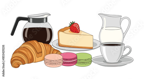 A lovely breakfast or dessert spread with a coffee pot, a cup of coffee, milk, a slice of cheesecake, a croissant, and colorful macarons. This delicious food vector illustration is isolated.
