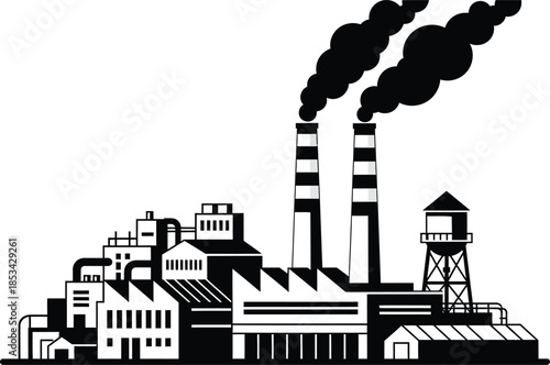 a black and white illustration depicts an industrial cityscape with factory buildings and smokestacks emitting dark plumes of smoke symbolizing pollution