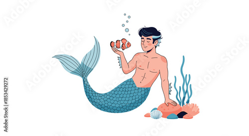 A handsome merman with dark hair and a blue tail relaxes underwater, holding a small clownfish in his hand. This charming fantasy vector illustration is isolated on a white background for design.