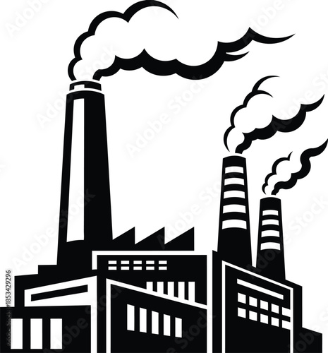 a stark black and white illustration depicts industrial buildings with prominent smokestacks releasing plumes of smoke into the air symbolizing pollution