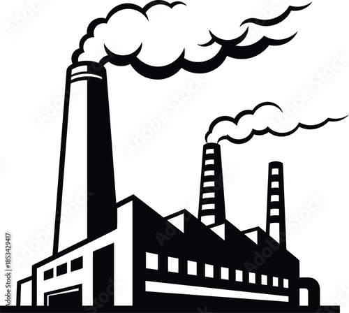 a stark black and white illustration depicts a factory complex with multiple smokestacks emitting plumes of smoke into the air