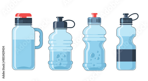 A set of four different types of reusable plastic and transparent water bottles for sports and everyday use. This simple, flat design vector collection is isolated on a white background for any use.