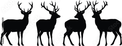 a striking silhouette depiction showcases four majestic deer standing in a linear arrangement against a plain white background evoking wilderness