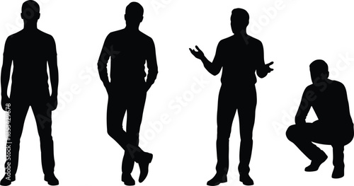 a collection of four distinct black silhouettes depicting various human poses including standing leaning gesturing and seated positions against a white backdrop