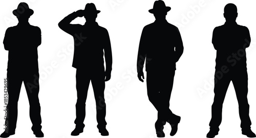 a series of four black silhouettes depicting men in various poses possibly representing a group or a sequence of actions