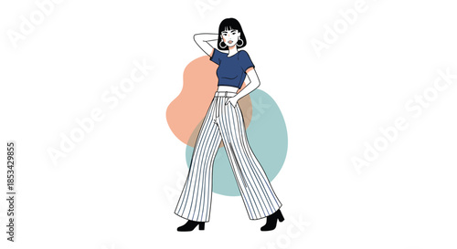 Stylish young woman with a bob haircut posing confidently in trendy striped wide-leg pants against abstract pastel shapes.