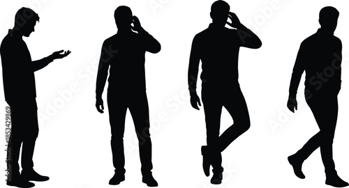 a series of silhouettes depicting a man in various walking and talking poses against a stark white background conveying movement