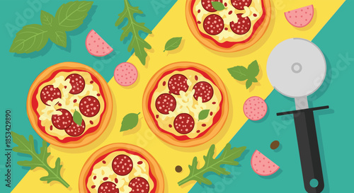 Flat lay illustration of mini pepperoni pizzas with fresh basil leaves, salami, and a pizza cutter on a colorful background.