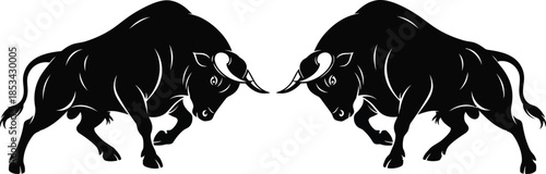 a dramatic silhouette of two powerful bulls facing each other in a tense standoff horns lowered and ready to charge forward