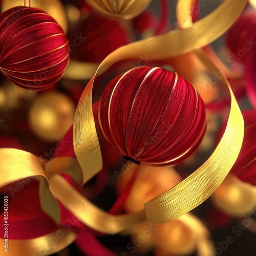 Abstract 3D Chinese lanterns with silk ribbons in crimson and gold for festive branding luxury packaging design and premium holiday visual content


