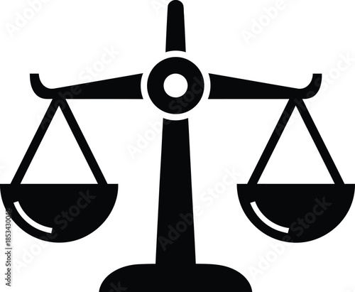 a simple black and white illustration depicts a classic scale of justice symbolizing balance fairness and legal proceedings with equal weight