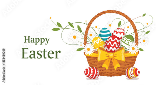Festive Happy Easter greeting card featuring a wicker basket full of colorfully decorated eggs and fresh daisy flowers.
