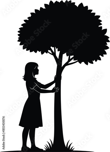 a silhouetted depiction of a woman gently embracing the trunk of a large full tree in a peaceful scene high quality