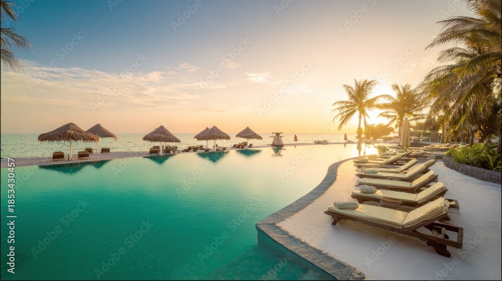 Fototapeta premium A serene tropical poolside scene at sunset, surrounded by palm trees and thatched-roof cabanas, inviting relaxation and tranquility.