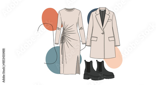 Stylish autumn or winter fashion outfit illustration featuring a long dress, a classic coat, and trendy black platform boots.