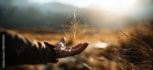 A hand outstretched offers a glowing compass in a vast, sunlit wilderness