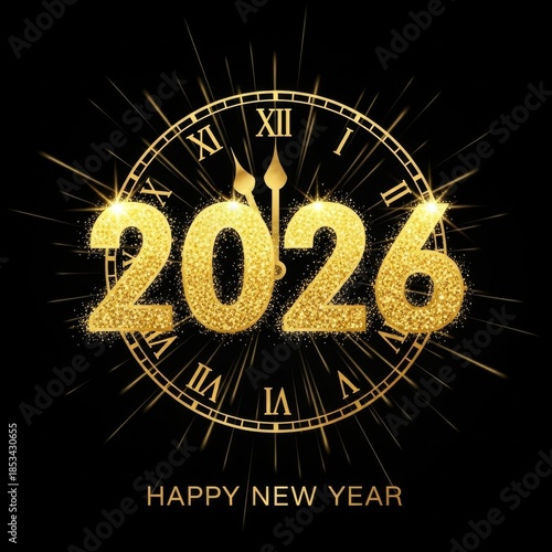 Golden 2026 New Year Celebration Clock with Sparkles