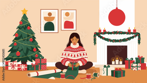 Festive woman diligently wrapping holiday gifts beside a beautifully decorated Christmas tree and a cozy fireplace, embodying the spirit of seasonal celebrations and thoughtful gift-giving