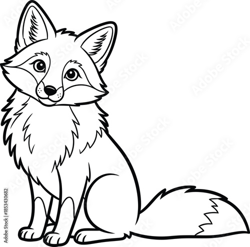 a charming black and white illustration depicts a seated fox with detailed fur large eyes and a bushy tail offering a whimsical aesthetic