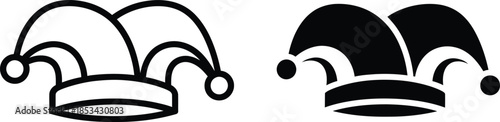 a simplistic depiction of two jester hats one outlined in black and white and the other filled in black presented on a clean white background