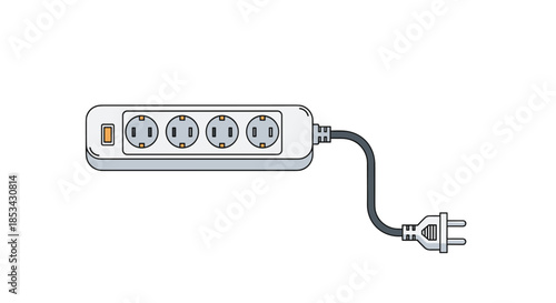 A detailed illustration of a white electrical power strip with four outlets, a switch, a black cord, and a three-prong plug.