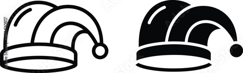 an illustration featuring two distinct depictions of a traditional jester s hat presented in a simple black and white line art style
