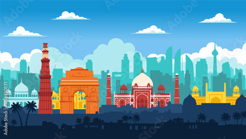 Iconic Indian Landmarks Silhouette Against a Vibrant Cityscape Illustration with Palm Trees and Clouds