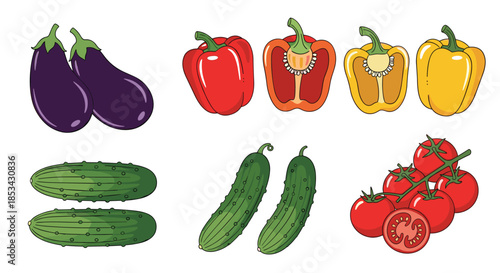 A fresh set of assorted common vegetables including eggplants, bell peppers, cucumbers, and tomatoes on a white background.