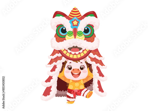 Cheerful child performing a traditional Asian lion dance.