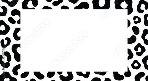 Leopard print border frame vector design, animal pattern background template, black and white decorative frame for invitation and poster