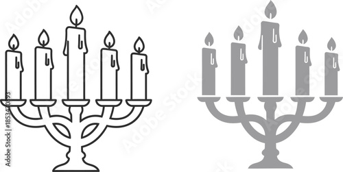 A detailed illustration showcases two variations of a traditional menorah one in black outline and the other in gray shading symbolizing hanukkah