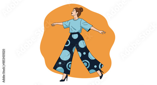 A confident woman with her hair in a bun, walking and posing in stylish, modern, wide-leg pants with a circle pattern.