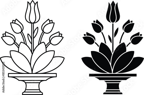 a simple black and white illustration depicts two floral arrangements each with tulips and leaves in vases presented side by side