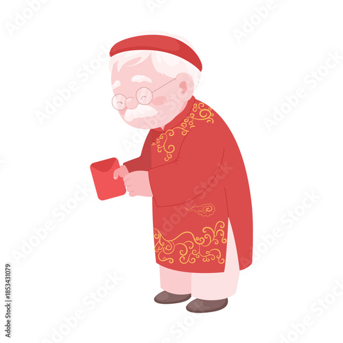 Elderly man in traditional attire holding a red envelope, symbolizing good luck.