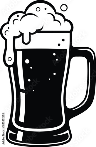 a simple black and white illustration depicts a full glass mug of beer with overflowing foam offering a classic pub aesthetic