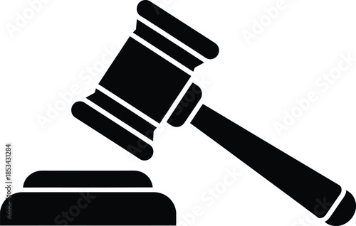 a simple black and white illustration depicts a classic gavel resting on a sound block symbolizing justice and legal proceedings