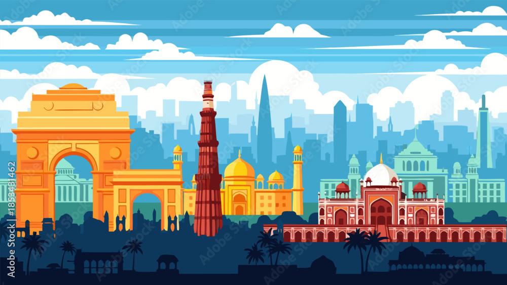 Obraz premium Iconic Landmarks of Delhi A Vibrant Cityscape Illustration Showcasing Historical Architecture and Modern Skyline
