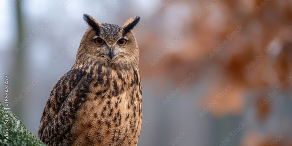 Fototapeta premium Perched bird prey fall season birding seasonal tree branch owl wildlife animal nature forest autumn leaf brown leaves foliage colorful watching alert eye head beak feather natural light outdoors