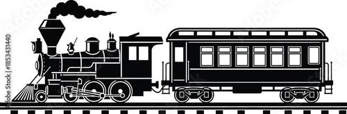 a detailed black and white illustration depicts a classic steam locomotive with a passenger car traveling on railway tracks showcasing vintage transport