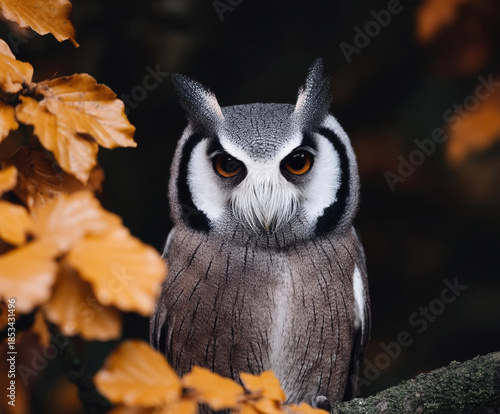 Wallpaper Mural Perched bird prey fall season birding seasonal tree branch owl wildlife animal nature forest autumn leaf brown leaves foliage colorful watching alert eye head beak feather natural light outdoors Torontodigital.ca