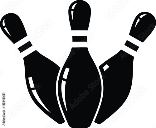 a simple black and white illustration depicting three bowling pins standing upright showcasing a classic sports icon with minimalist design elements