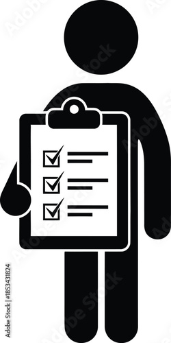a simple black silhouette depicts a person holding a clipboard with several checked boxes suggesting task completion or survey taking