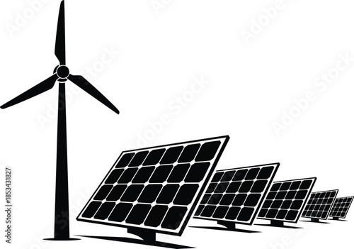 a minimalist depiction showcases a single wind turbine alongside a row of solar panels symbolizing sustainable energy and clean power generation