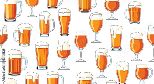 A seamless pattern background featuring a wide variety of beer glasses and mugs filled with frothy lager and ale.