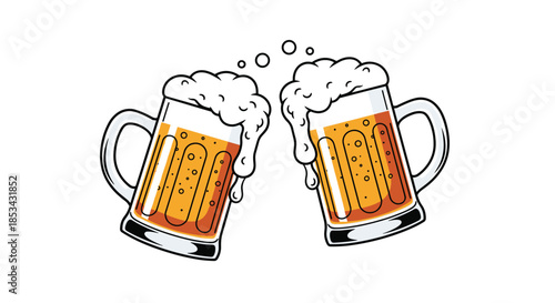 Two cartoon beer mugs with frothy heads clinking together in a celebratory toast, isolated on a white background vector.